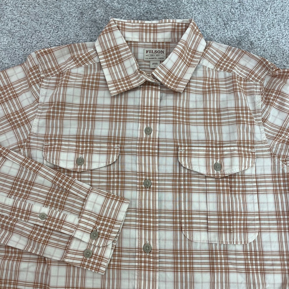 Filson Womens Small Plaid Cotton Button Down Shirt White Tan Heritage Cabin